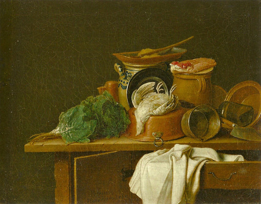 Still life with kitchen utensils and dead partridge, vintage artwork by Peter Jacob Horemans, 12x8" (A4) Poster