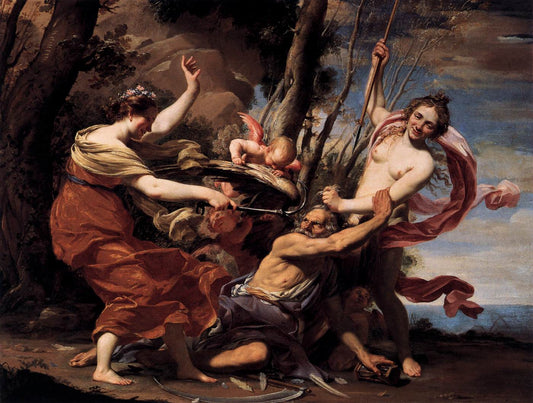 Father Time Overcome by  Love, Hope and Beauty, vintage artwork by Simon Vouet, 12x8" (A4) Poster