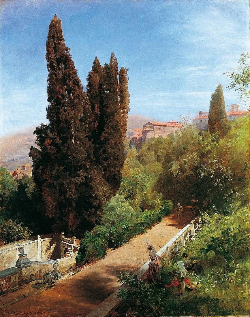 In the Park of the Villa d'Este, vintage artwork by Oswald Achenbach, 12x8" (A4) Poster