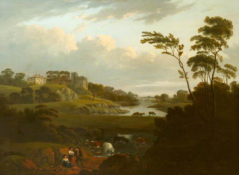 Cows Watering in a River Landscape (Walton Park?), vintage artwork by Julius Caesar Ibbetson, 12x8" (A4) Poster
