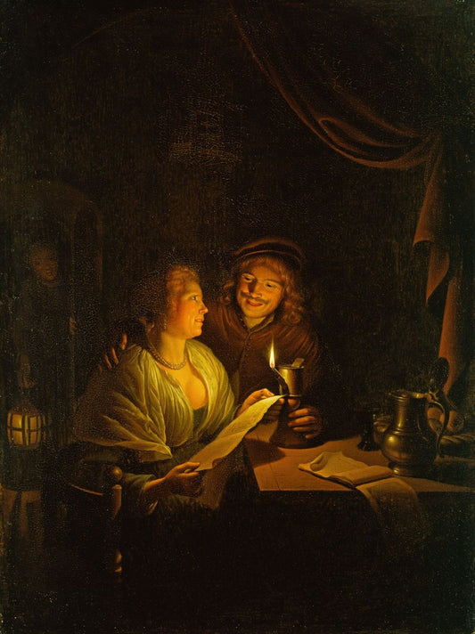 A Couple Reading by  Candlelight, vintage artwork by Gerrit Dou, 12x8" (A4) Poster