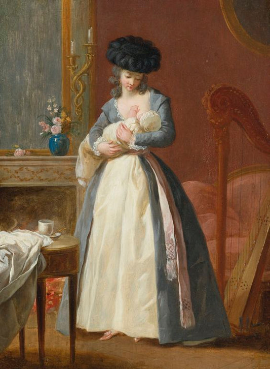 A Lady, said to be Madame Danloux, nursing her Child in a Drawing Room, vintage artwork by François-Guillaume Menageot, 12x8" (A4) Poster