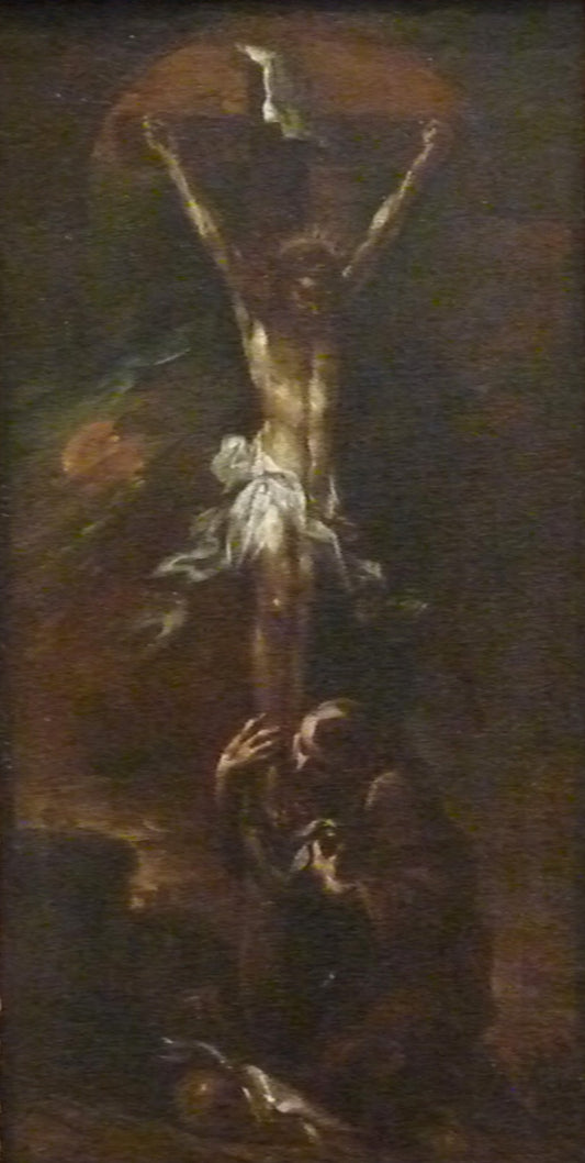 Christ on the Cross with Saint Francis of Assisi, vintage artwork by Alessandro Magnasco, 12x8" (A4) Poster