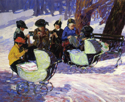 Knitting for the Soldiers: High Bridge Park, vintage artwork by George Luks, 12x8" (A4) Poster