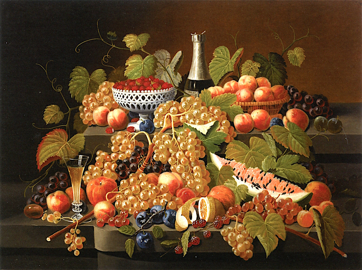 Fruit and Champagne on Double Tier, vintage artwork by Severin Roesen, A3 (16x12") Poster Print