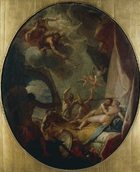 Mars and Venus Surprised by  the Gods, vintage artwork by Niccolò Bambini, 12x8" (A4) Poster