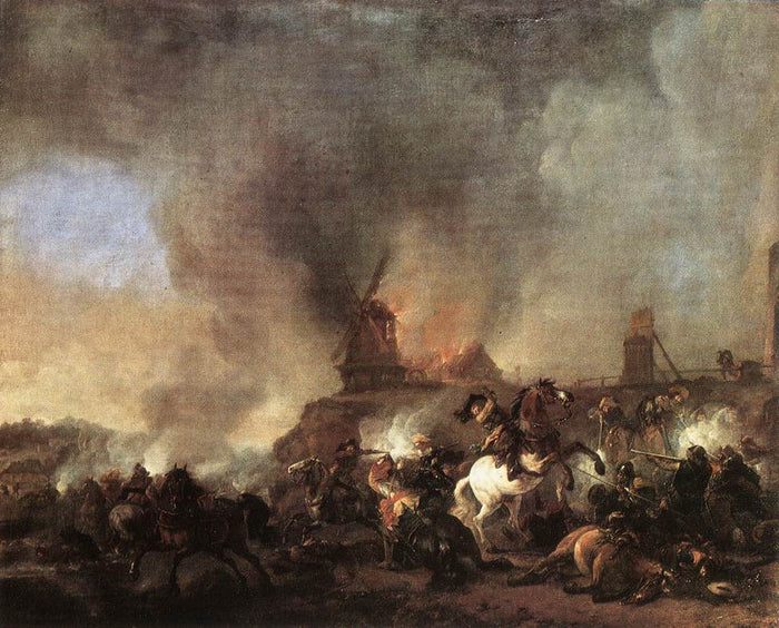 Cavalry Battle in front of a Burning Mill, vintage artwork by Philips Wouwerman, 12x8