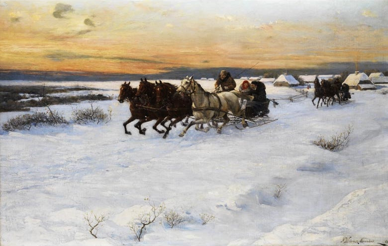 Horse Sleigh in Winter Landscape, vintage artwork by Alfred von Wierusz-Kowalski, 12x8" (A4) Poster