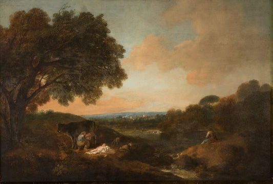 Landscape with a Sleeping Child and a Woman Milking a Cow, vintage artwork by Francesco Zuccarelli, 12x8" (A4) Poster