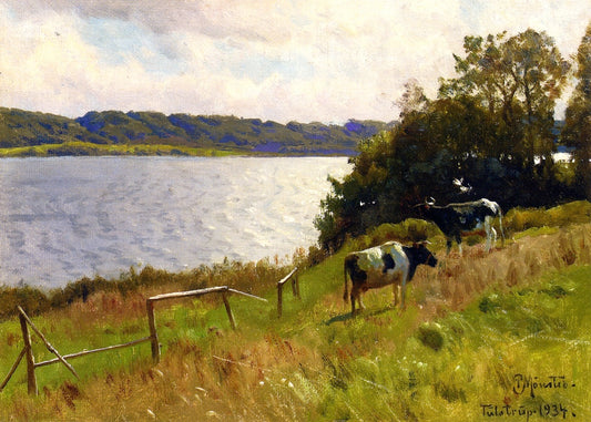 Cows Grazing at Tulstrup, Denmark, vintage artwork by Peder Mork Mønsted, 12x8" (A4) Poster