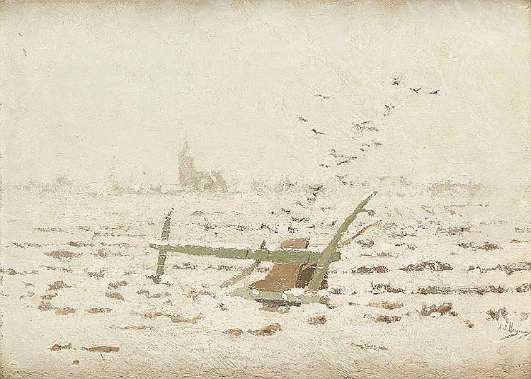 Winter Scene with Plow, vintage artwork by Adrien Heymans, 12x8" (A4) Poster