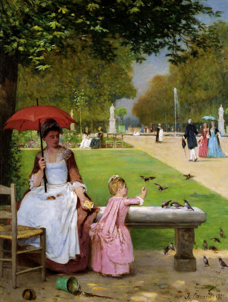 Feeding the Birds at the Tuilleries, Paris, vintage artwork by Joseph Caraud, A3 (16x12") Poster Print