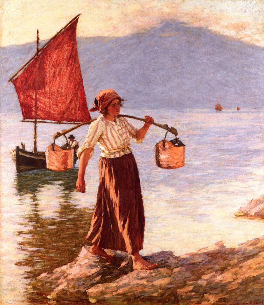 Fetching Water from Lake Garda, vintage artwork by Henry Herbert la Thangue, 12x8" (A4) Poster