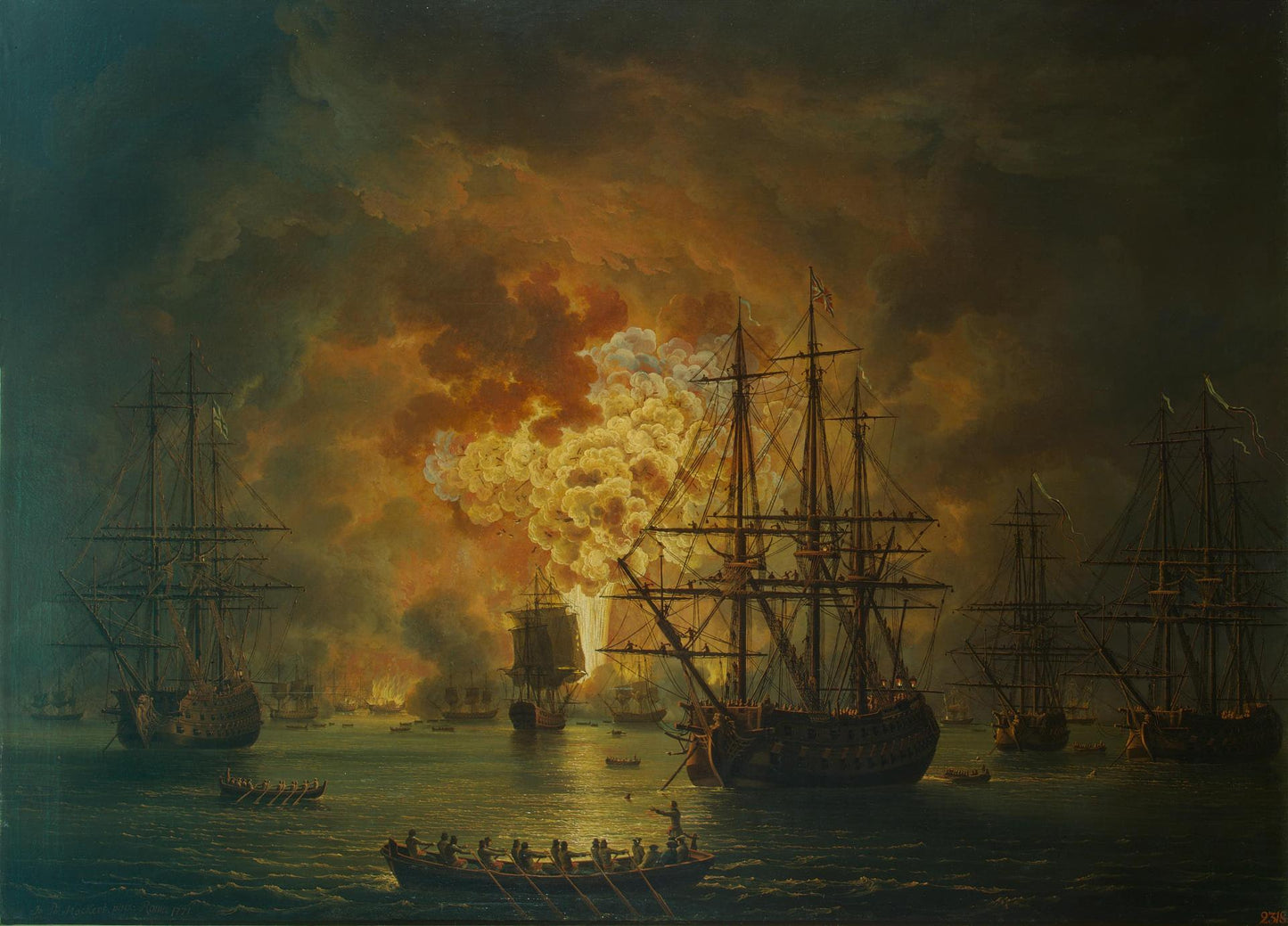 Destruction of the Turkish Fleet in the Bay of Chesme, vintage artwork by Jakob Philipp Hackert, 12x8" (A4) Poster