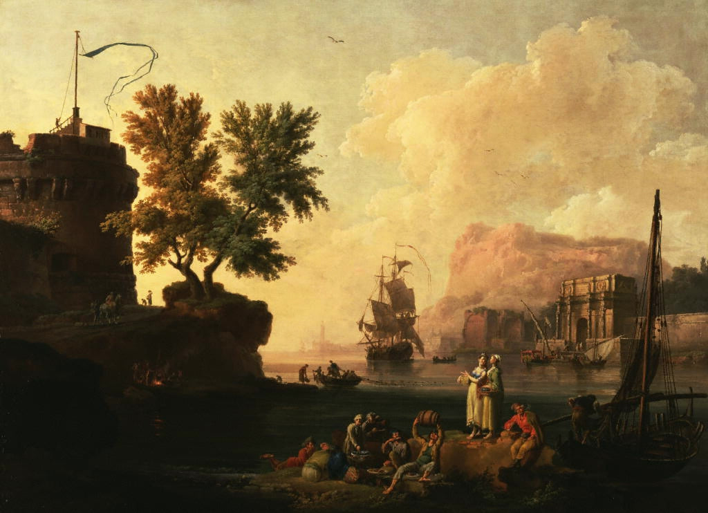 Mediterranean Harbor Scene, vintage artwork by Pierre-Jacques Volaire, 12x8" (A4) Poster