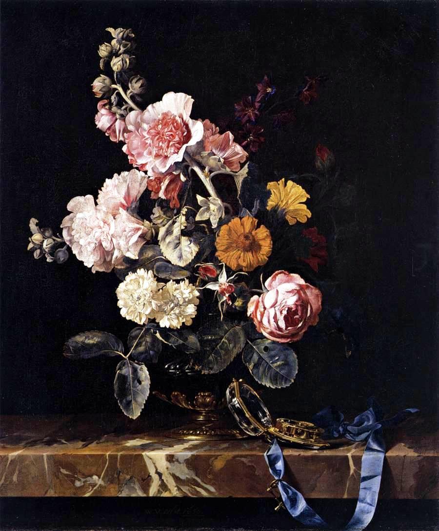 Vase of Flowers with Pocket Watch, vintage artwork by Willem van Aelst, 12x8" (A4) Poster
