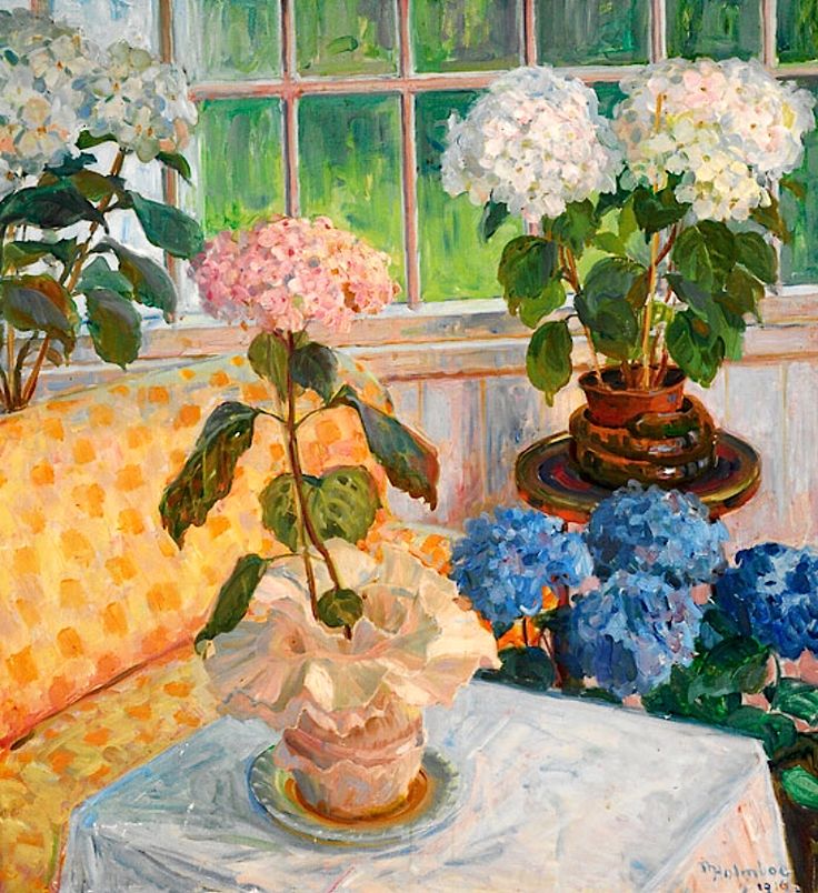 Garden with Hydrangeas in Pots by Thorolf Holmboe,A3(16x12")Poster