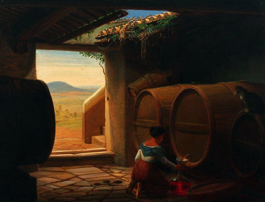 Italian Woman Tapping Red Wine in a Wine Cellar, vintage artwork by Hans  Jørgen Hammer, A3 (16x12") Poster Print