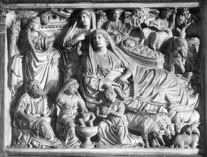 Annunciation, Birth of Jesus and Adoration of the Shepherds, vintage artwork by Niccolò Pisano, 12x8