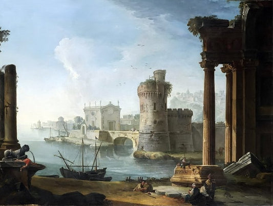 A ruined Ionic Portico and a Tower by  an Inlet, a Port and a hilltop Town beyond, vintage artwork by Antonio Joli, 12x8" (A4) Poster