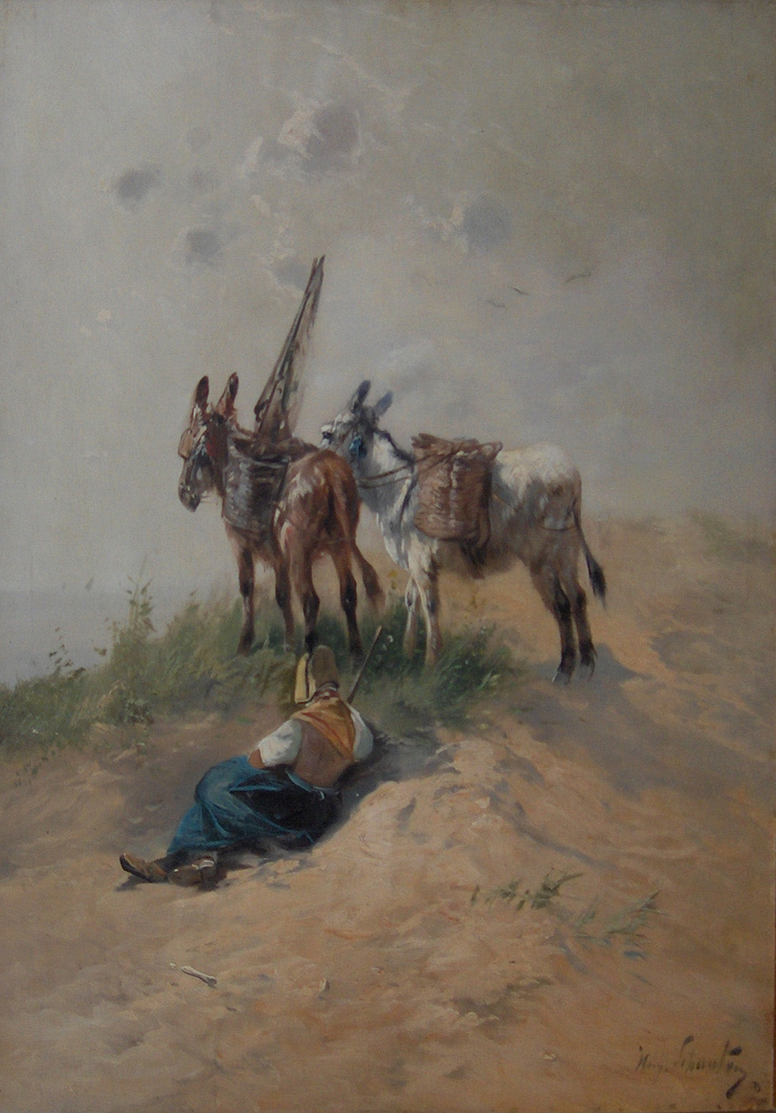 Fisherman's wife with donkeys, vintage artwork by Henry Schouten, 12x8" (A4) Poster