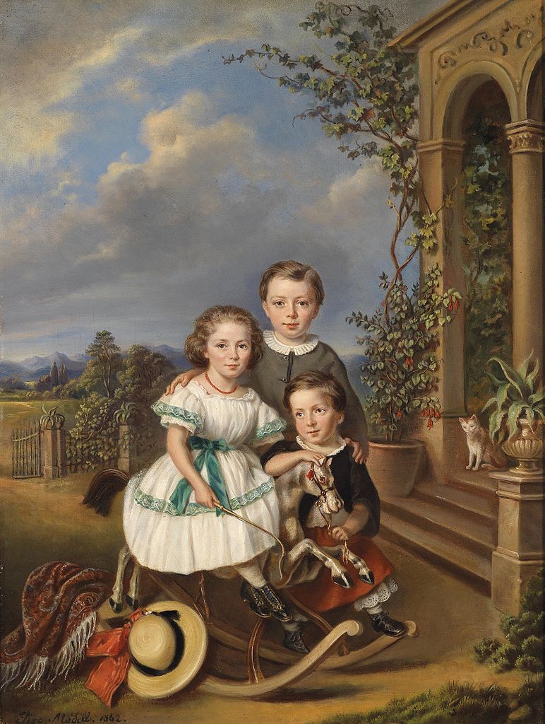Portrait of three children in front of a garden pavilion, vintage artwork by Elisabeth Modell, A3 (16x12") Poster Print
