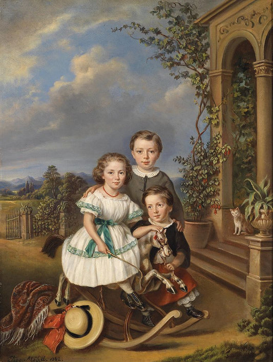 Portrait of three children in front of a garden pavilion, vintage artwork by Elisabeth Modell, A3 (16x12") Poster Print