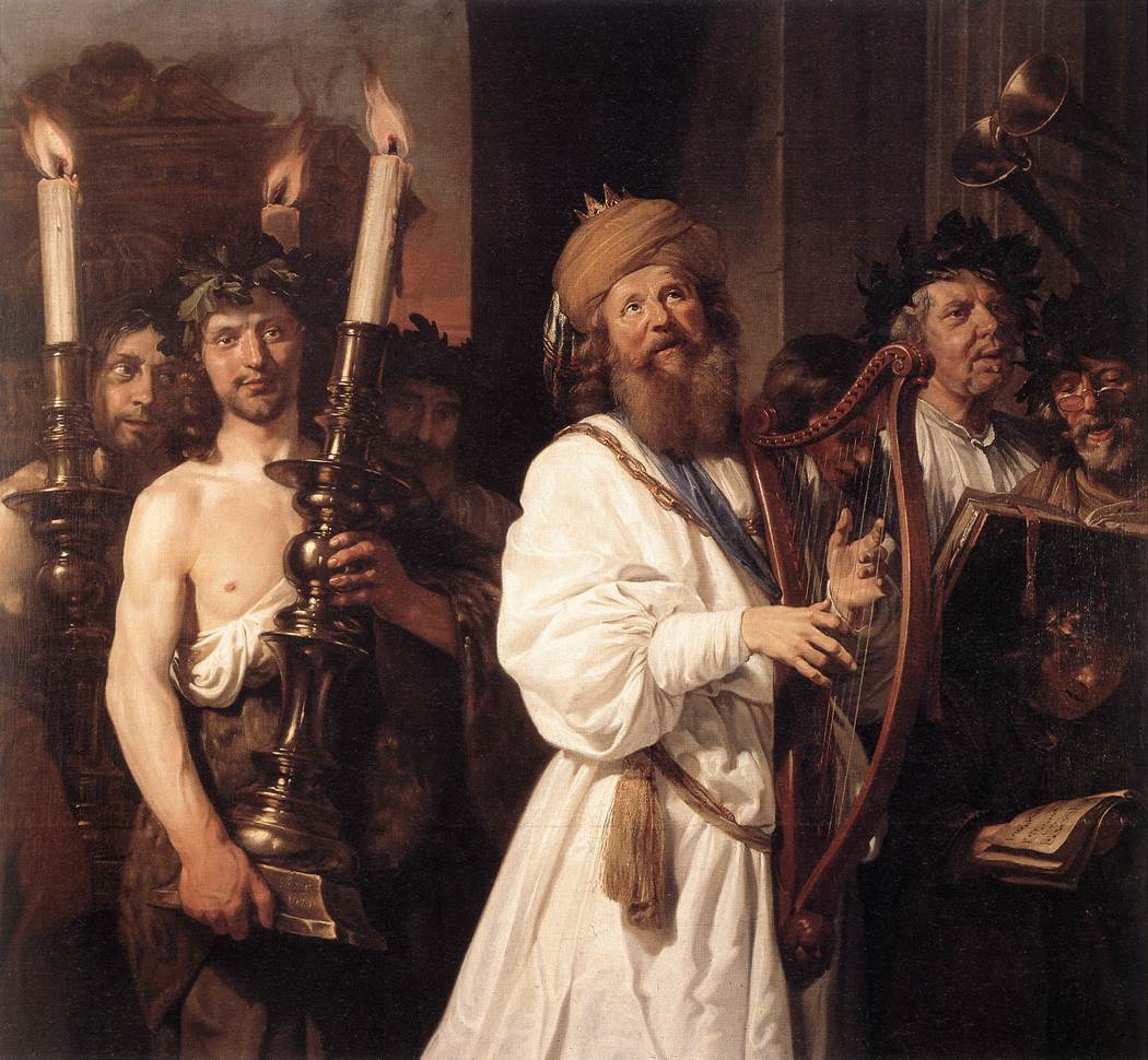 David Playing the Harp, vintage artwork by Jan de Bray, 12x8" (A4) Poster