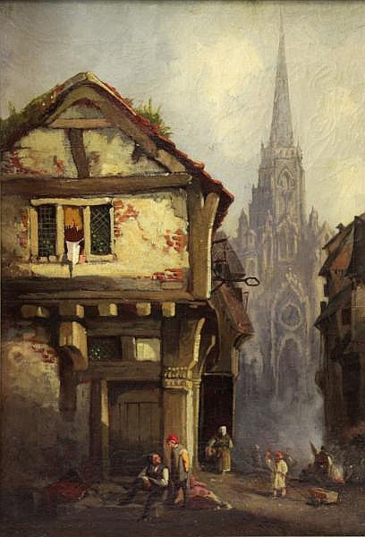 Village Scene with Cathedral, vintage artwork by George Washington Nicholson, 12x8" (A4) Poster