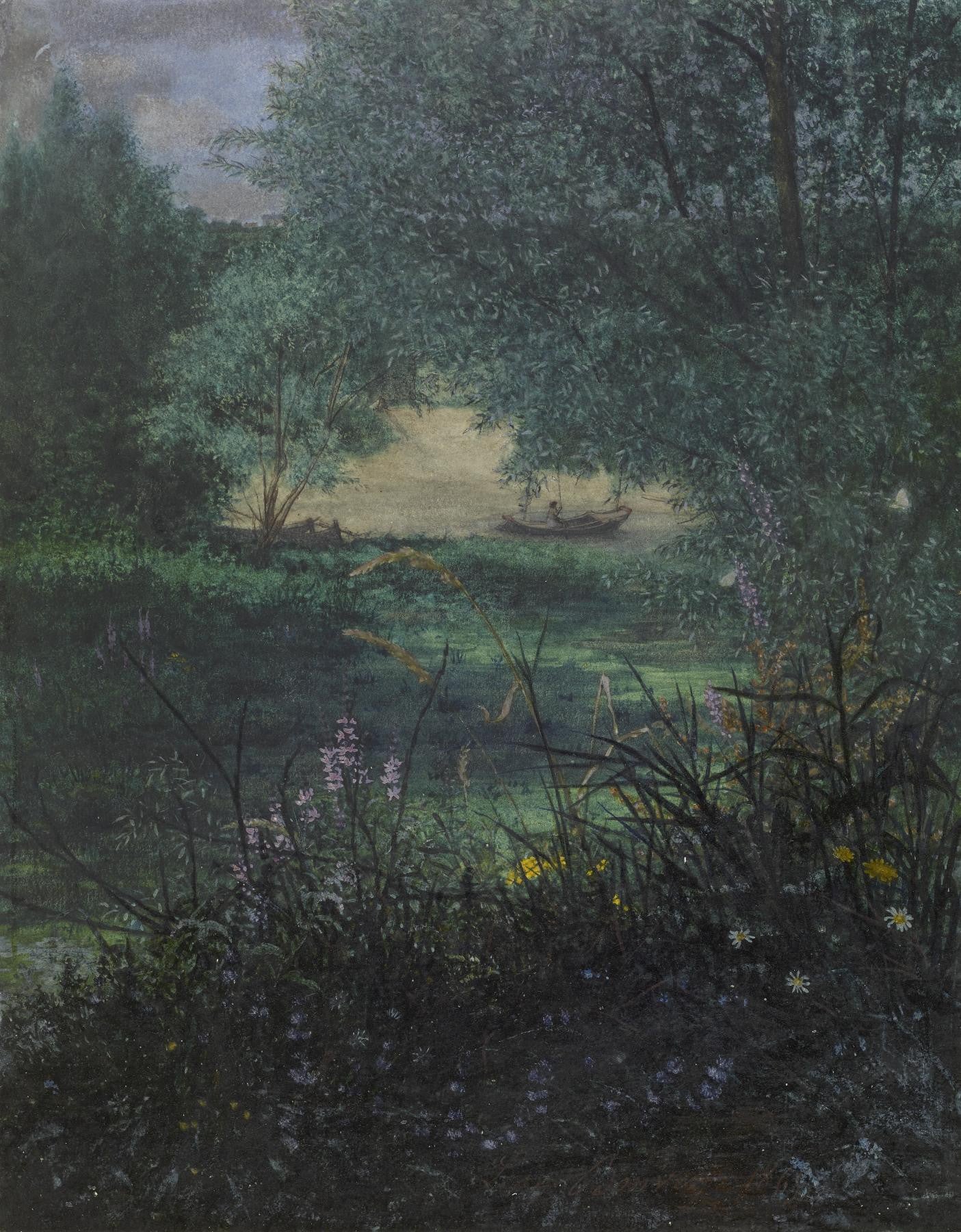 Fisherman on a Pond with Willow Trees, vintage artwork by Leon Bonvin, 12x8" (A4) Poster