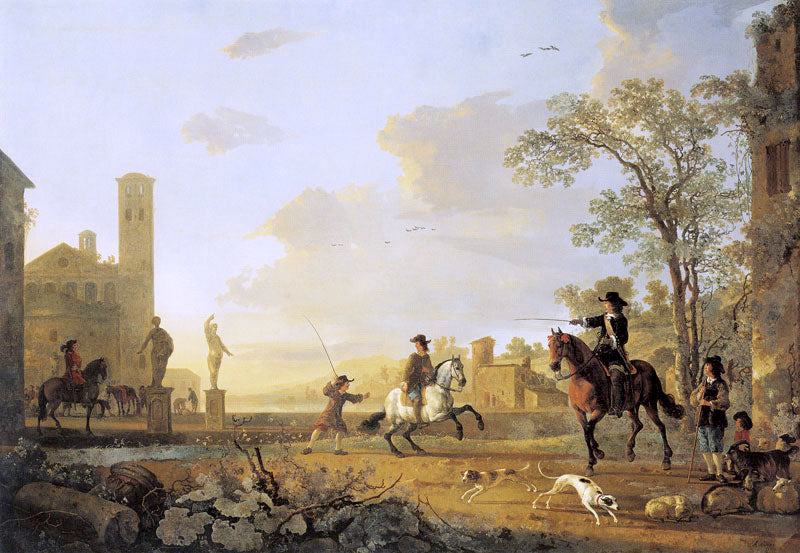 Landscape with Horse Trainers, vintage artwork by Aelbert Cuyp, 12x8" (A4) Poster