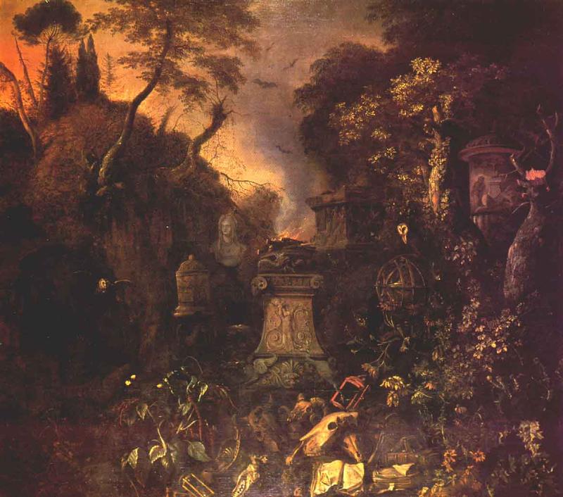 Landscape with a Graveyard by  Night, vintage artwork by Matthias Withoos, 12x8" (A4) Poster