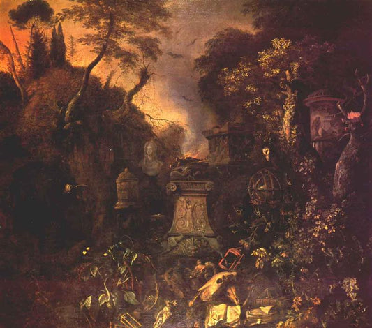 Landscape with a Graveyard by  Night, vintage artwork by Matthias Withoos, 12x8" (A4) Poster