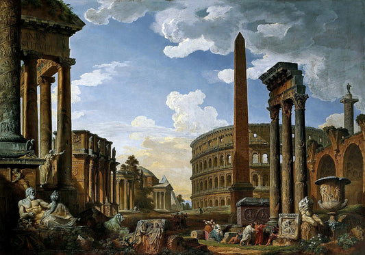 Capriccio with the Most Important Monuments and Sculptures of Ancient Rome, vintage artwork by Giovanni Paolo Panini, 12x8" (A4) Poster