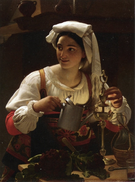 A Young Maiden Filling an Oil Lamp, vintage artwork by Jan Baptiste Lodewyck Maes, A3 (16x12") Poster Print