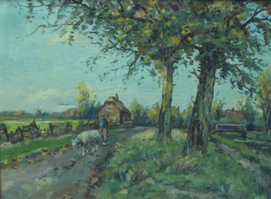Farmer with sheep on country road at Rijpwetering, vintage artwork by Jan van der Stap, 12x8" (A4) Poster