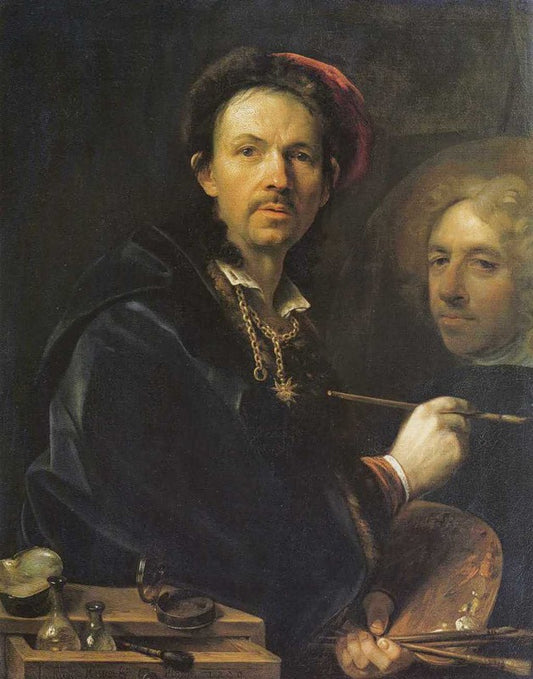 Self-portrait with of sketch of a portrait of Prince Eugene of Savoy, vintage artwork by Jan Kupecky, 12x8" (A4) Poster