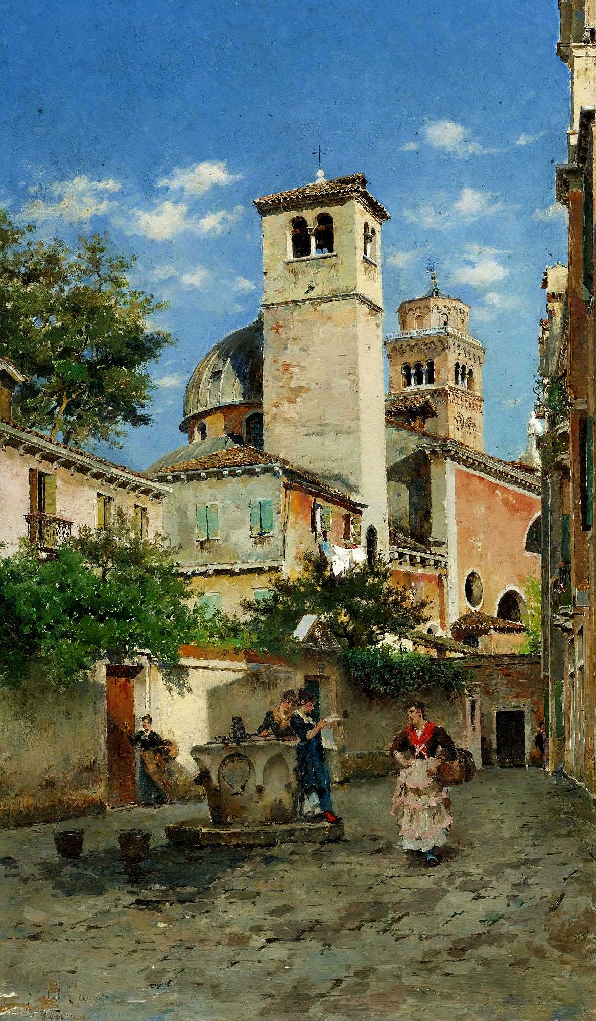 Meeting at the Well, Venice, vintage artwork by Federico del Campo, 12x8" (A4) Poster
