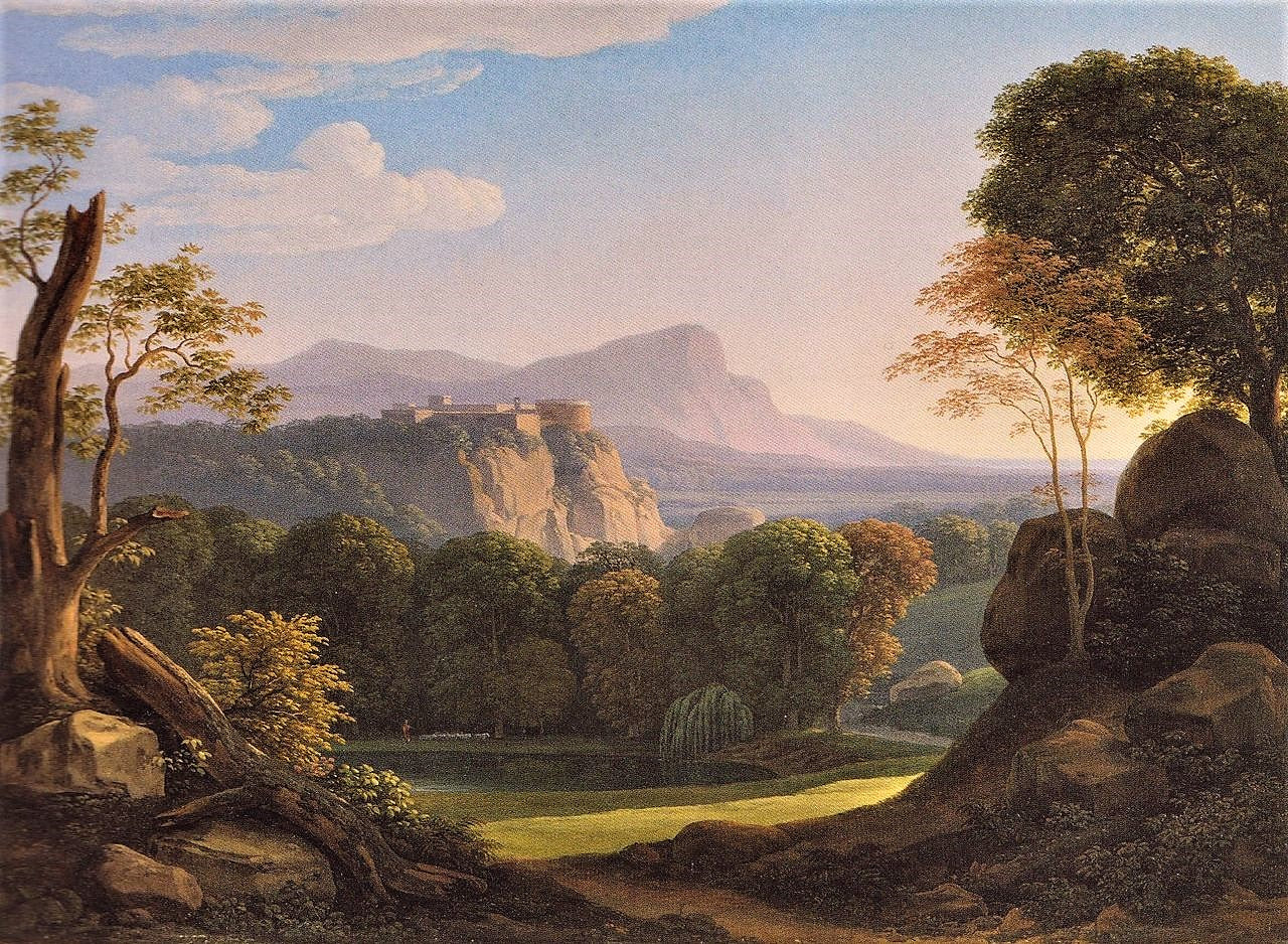 Italian Landscape with a Castle at Bergrücken, vintage artwork by Johann Christian Reinhart, 12x8" (A4) Poster