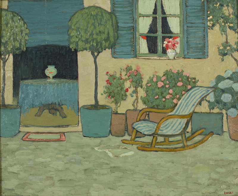 Garden with Rocking Chair, vintage artwork by Pere Torne Esquius, 12x8" (A4) Poster