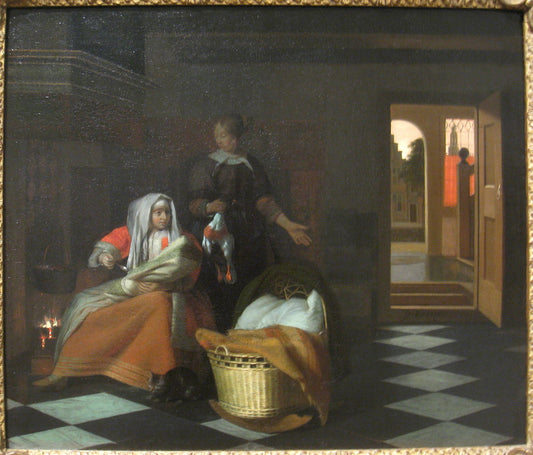 Woman with a Child and a Maid in an Interior, vintage artwork by Pieter de Hooch, 12x8" (A4) Poster