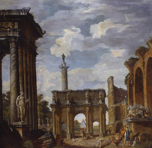 Caprice View with the Arch of Constantine and other Roman Ruins, vintage artwork by Giovanni Paolo Panini, 12x8" (A4) Poster