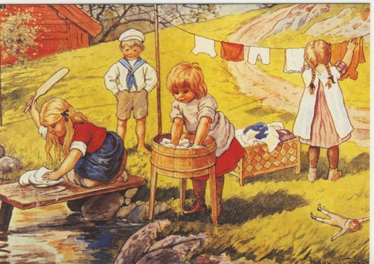 Washing Dolls' Clothes, vintage artwork by Jenny Nyström, 12x8" (A4) Poster