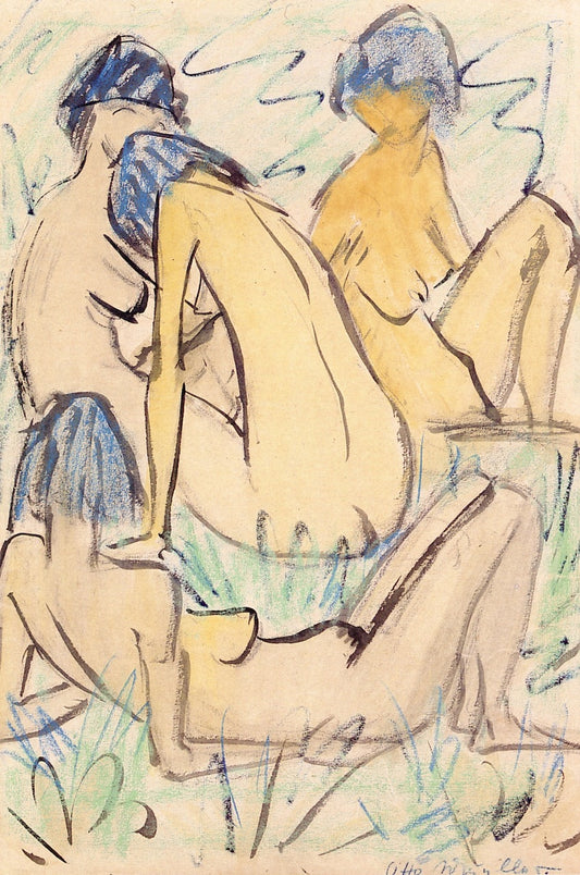 Girls Sitting and Lying in the Grass, vintage artwork by Otto Mueller, 12x8" (A4) Poster