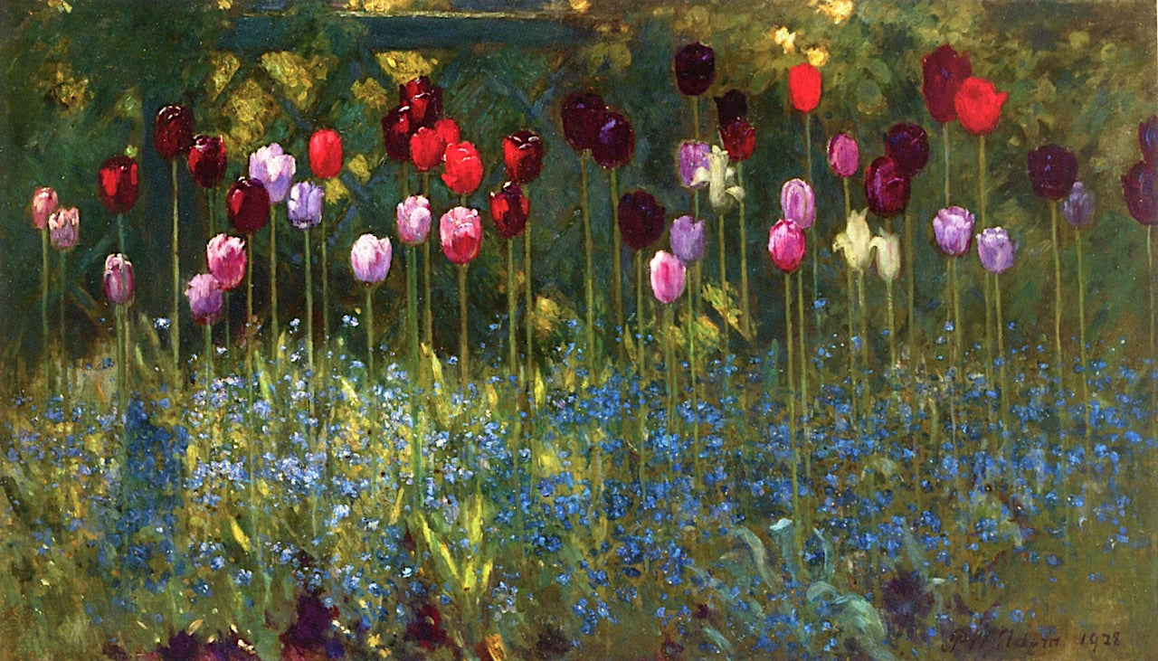 Tulips, Forgetmenots, vintage artwork by Patrick William Adam, 12x8" (A4) Poster