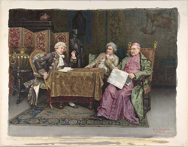Priest and Two Men Seated at a Table, vintage artwork by Giuseppe Signorini, 12x8" (A4) Poster