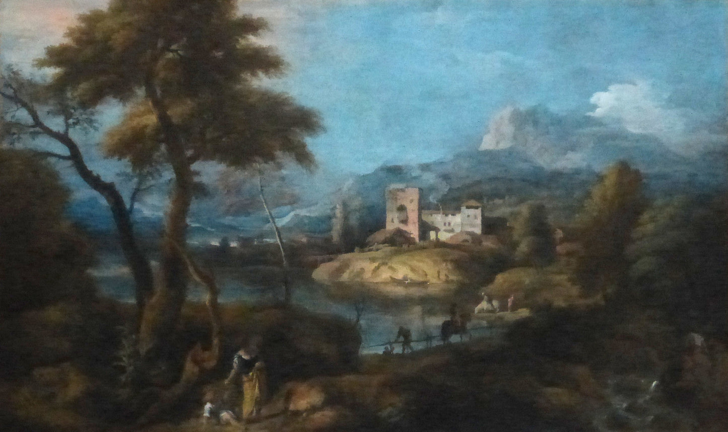 Landscape with a Woman and Child, vintage artwork by Marco Ricci, 12x8" (A4) Poster