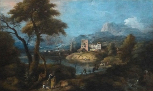 Landscape with a Woman and Child, vintage artwork by Marco Ricci, 12x8" (A4) Poster