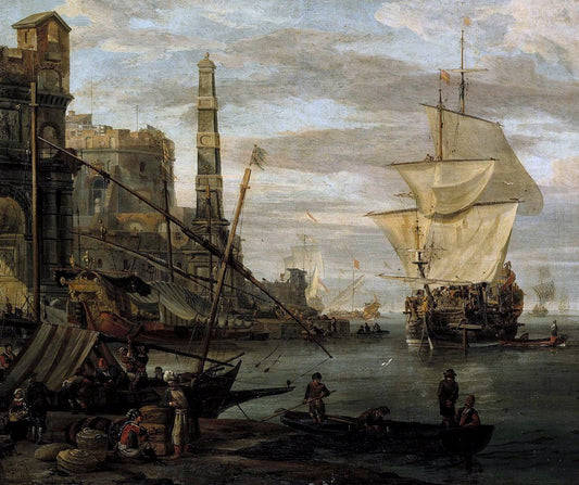 Harbor Scene, vintage artwork by Abraham Jansz. Storck, 12x8" (A4) Poster