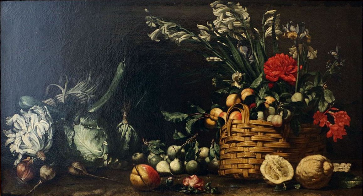 Still life with vegetables and a basket of flowers and fruit, vintage artwork by Simon del Tintore, 12x8" (A4) Poster